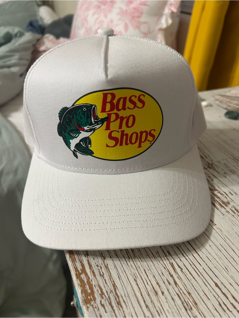 Bass Pro Shops White Trucker Hat with Yellow Logo and Green Fish